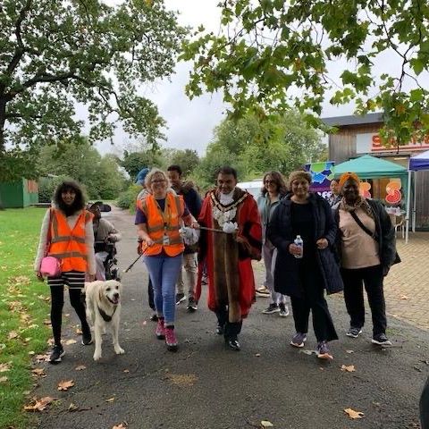 Aruna, health walkers and Kris the dog, with Harrow's Mayor
