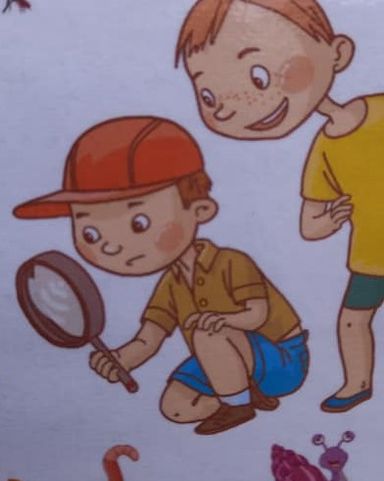 cartoon image of children with magnifying glass and bugs