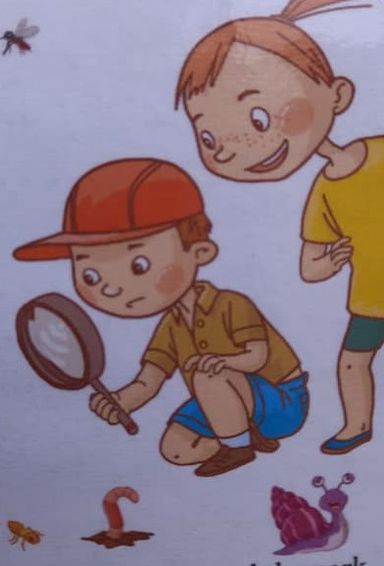 cartoon image of children with magnifying glass and bugs